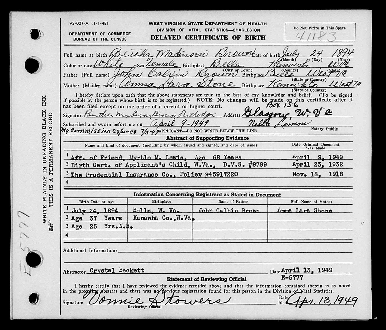 West Virginia Vital Research Records Record Image