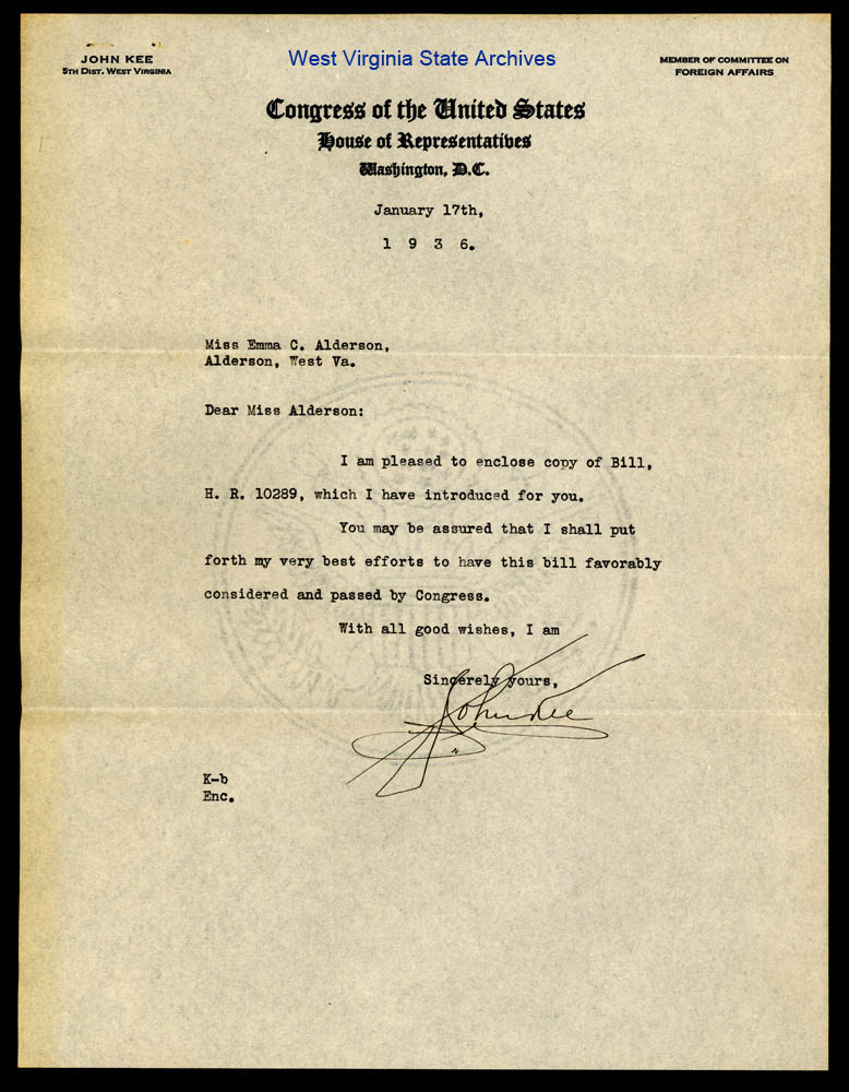 Correspondence to Emma C. Alderson from Congressman John Kee