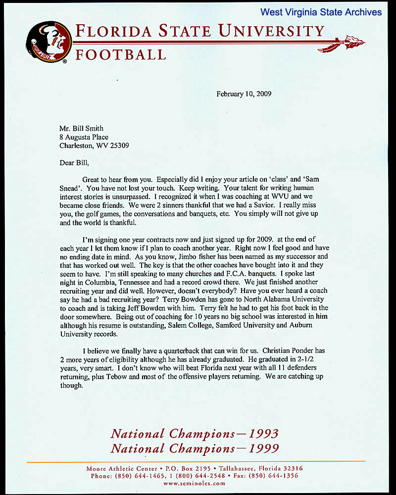 Letter from Florida State University head football coach Bobby Bowden to sportswriter Bill Smith, February 10, 2009. (Ms2010-035)