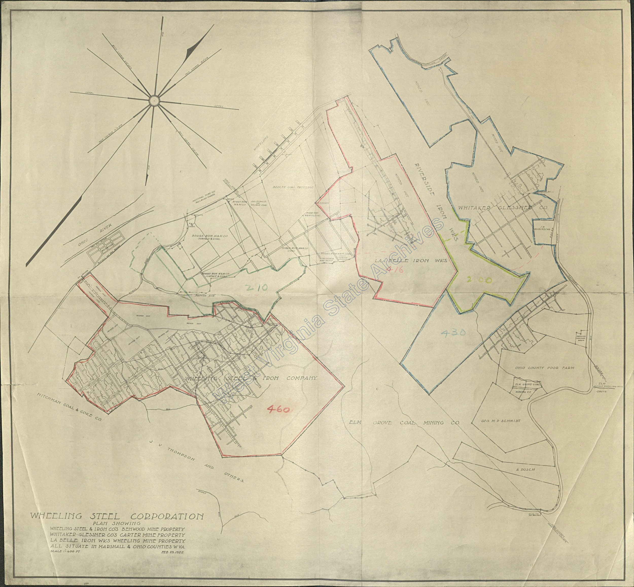 Map of Wheeling Steel coal properties, 1922. (Ms2018-024)