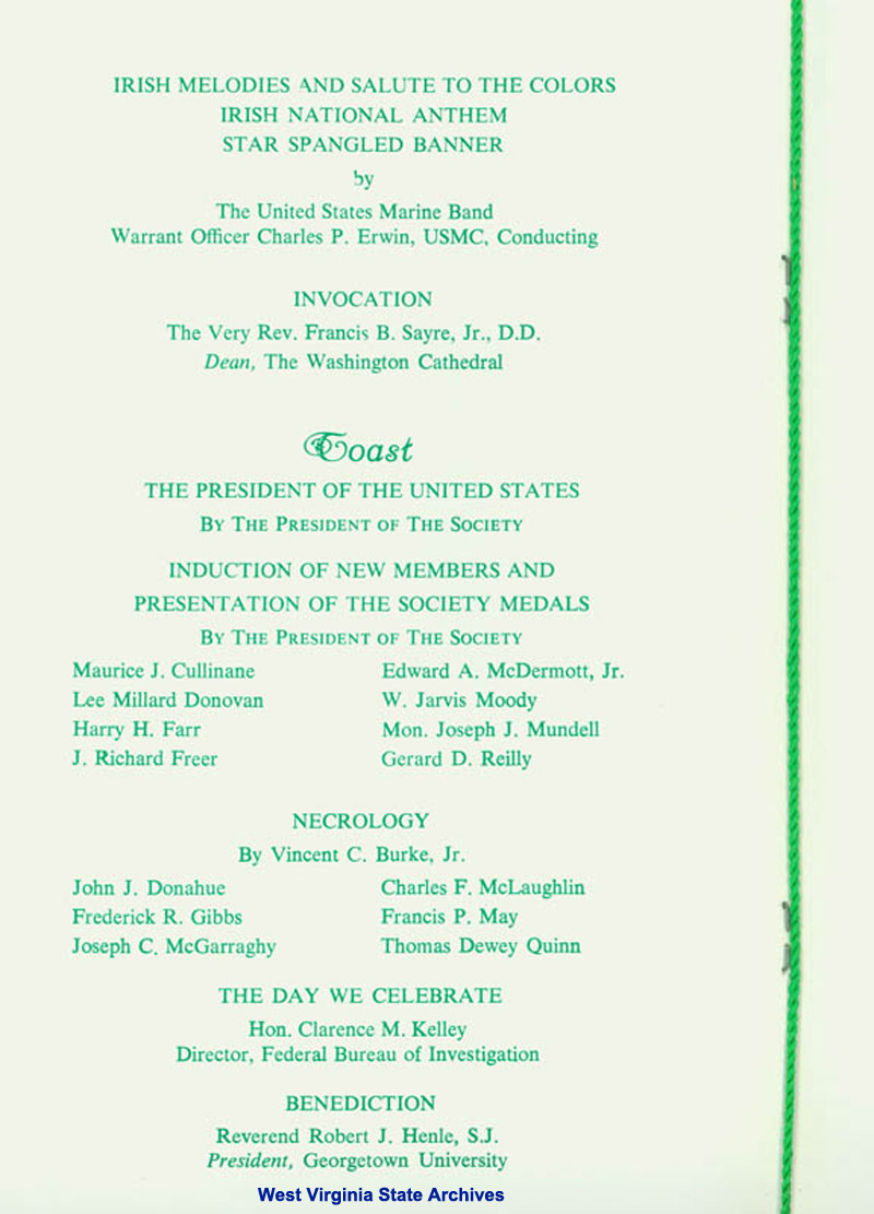 Program from the Forty-Eight Annual Banquet of the Society of The Friendly Sons of St. Patrick of Washington, D.C., 1976. (Ms2017-016)