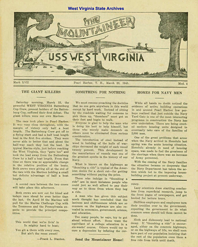 The Mountaineer, newsletter from the USS West Virginia, 1941. (Sc89-51acc)