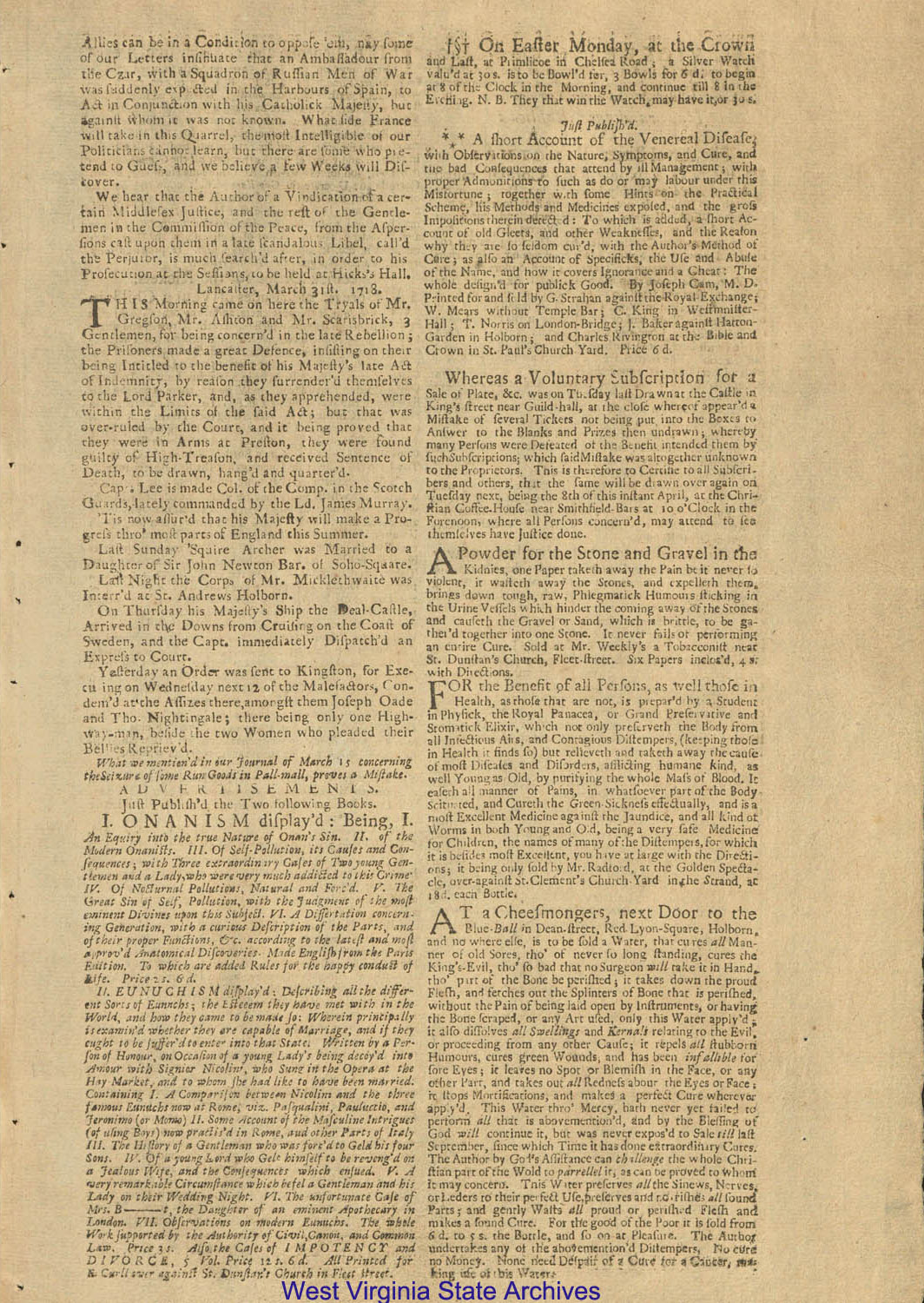 <i>The Original Weekly Journal</i> (London, England) featuring an open letter from Peter the Great discussing the actions of son Alexi, 1718. (MN-20)