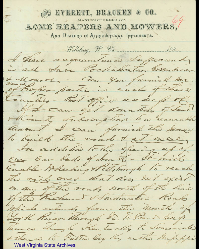 Everett, Bracken & Company requesting information from Governor Henry M. Mathews in order to open a narrow-gauge railroad through the state, 1880. (Ar1726)