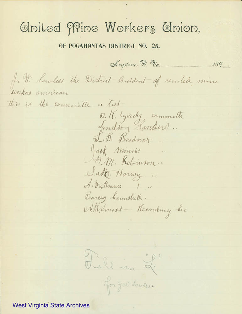 United Mine Workers Union, District No. 25, letter of miners complaints in the Flat Top field to Governor William MacCorkle, 1895. (Ar1730)