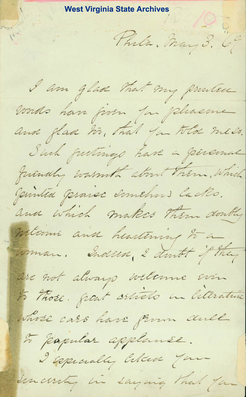 Unaddressed letter from Rebecca Harding Davis, Philadelphia, 1869. (Ms80-163)