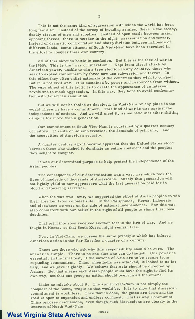 White House message to Congress asking for an appropriation of 700 million dollars for military requirements in Vietnam, May 4, 1965. (Ms2017-016)