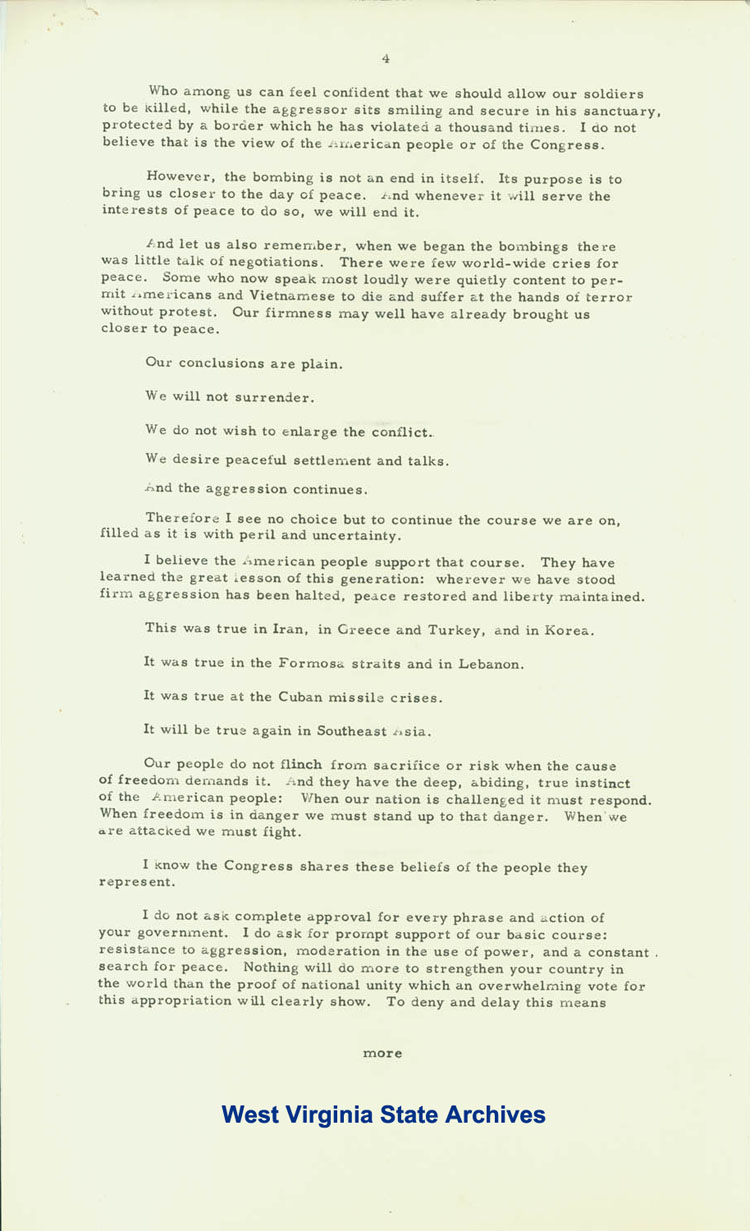 White House message to Congress asking for an appropriation of 700 million dollars for military requirements in Vietnam, May 4, 1965. (Ms2017-016)