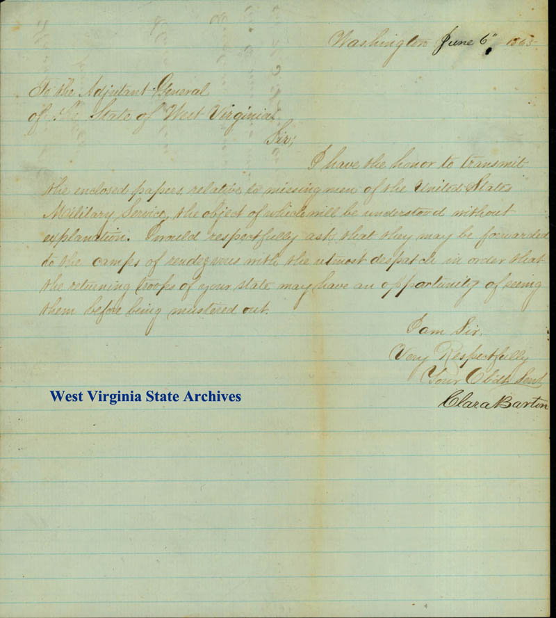 Clara Barton, founder of the American Red Cross, letter, 1865. (Ar382)