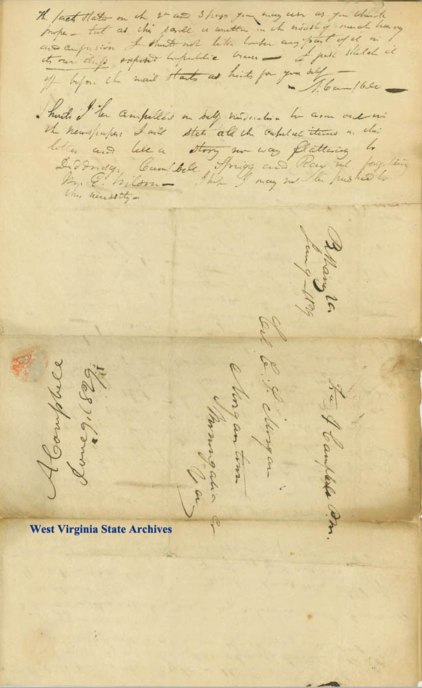 Alexander Campbell writing from Bethany, Va. to Charles S. Morgan regarding election in Brooke County, 1829. (Ms79-1)