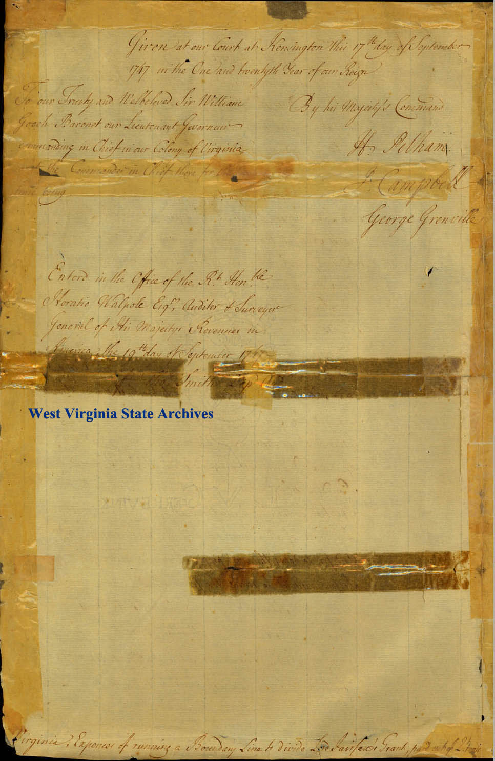 Papers related to the expense of running the boundary line to divide the Northern Neck land grant of Lord Fairfax, 1747. (Ms79-3))