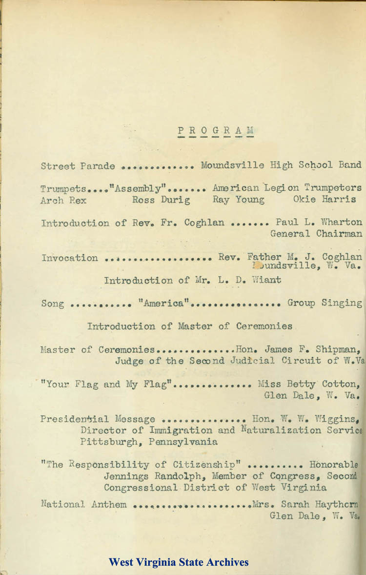 Program from Marshall Countys First Annual Observance of New Citizens Day, at the Community Playgrounds, Moundsville, 1939 (Ms2017-016)