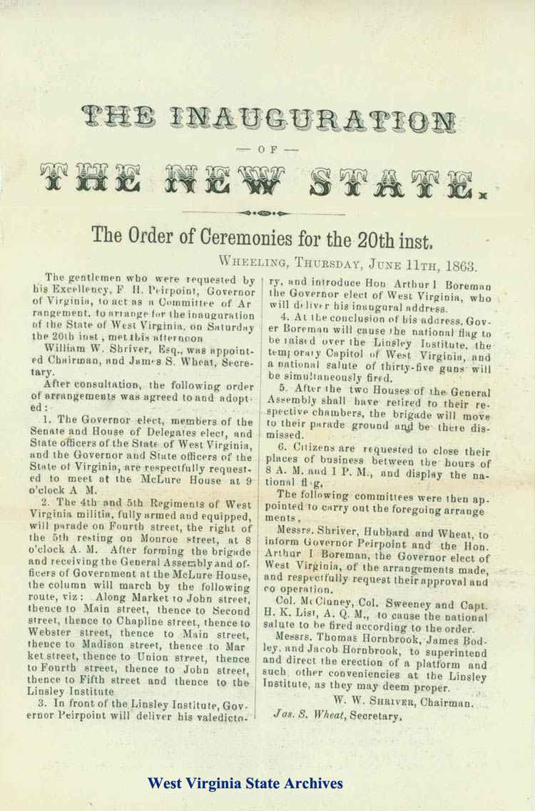 The Order of Ceremonies for The Inauguration of the New State, Wheeling, 1863 (Ms2006-044)