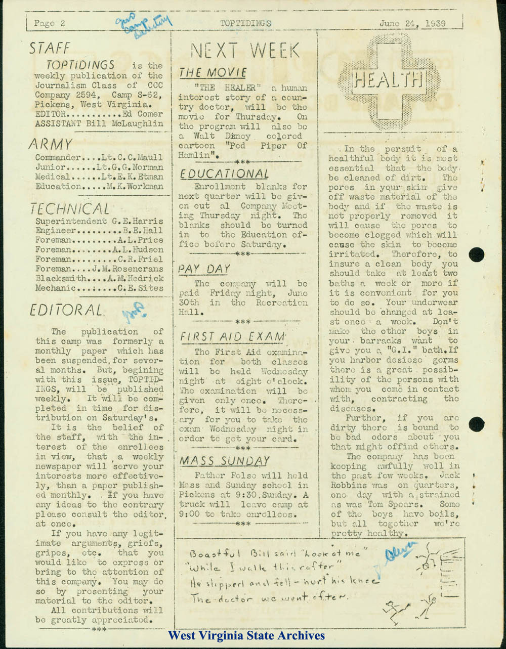 <i>Toptidings of Camp Bowers</i>, Pickens, W. Va., CCC Co. 2594, Camp S-62, Volume 1, Number 1, featuring news and events, 1939 (Ms85-17, CCC Collection, 1939)