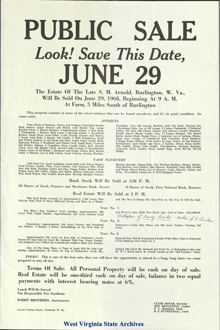 Estate sale of S.M. Arnold at Burlington W.Va., including tract of land with Nancy Hanks birthplace, 1968 (Sc85-161 -Z10-7)