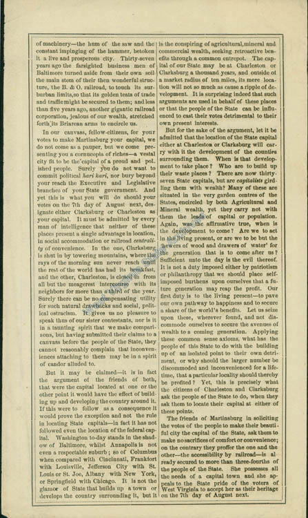 Booklet extolling the benefits of selecting Martinsburg as the capital of West Virginia, 1877. (Sc82-226)