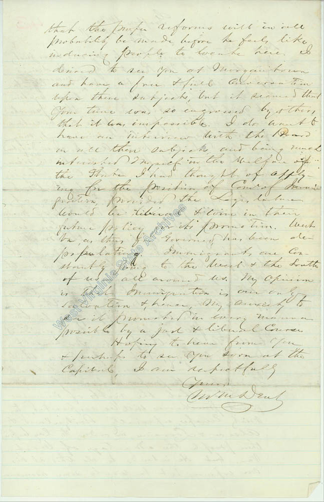 Letter from M. M. Dent explaining the need for legislation to abolish the old Virginia land system to ensure clear titles to lands, 1871. (Ar1725)