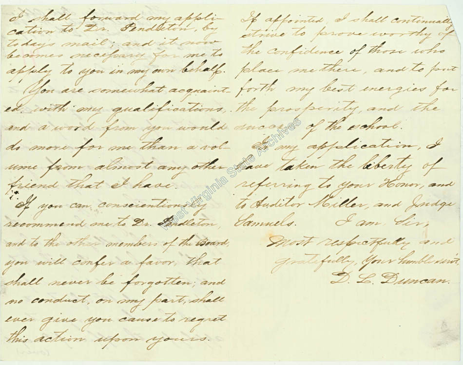 Correspondence from D. L. Duncan to H. M. Mathews recommending Professor B. H. Thackston for Principal of Marshall College, 1877. (Ar1726)