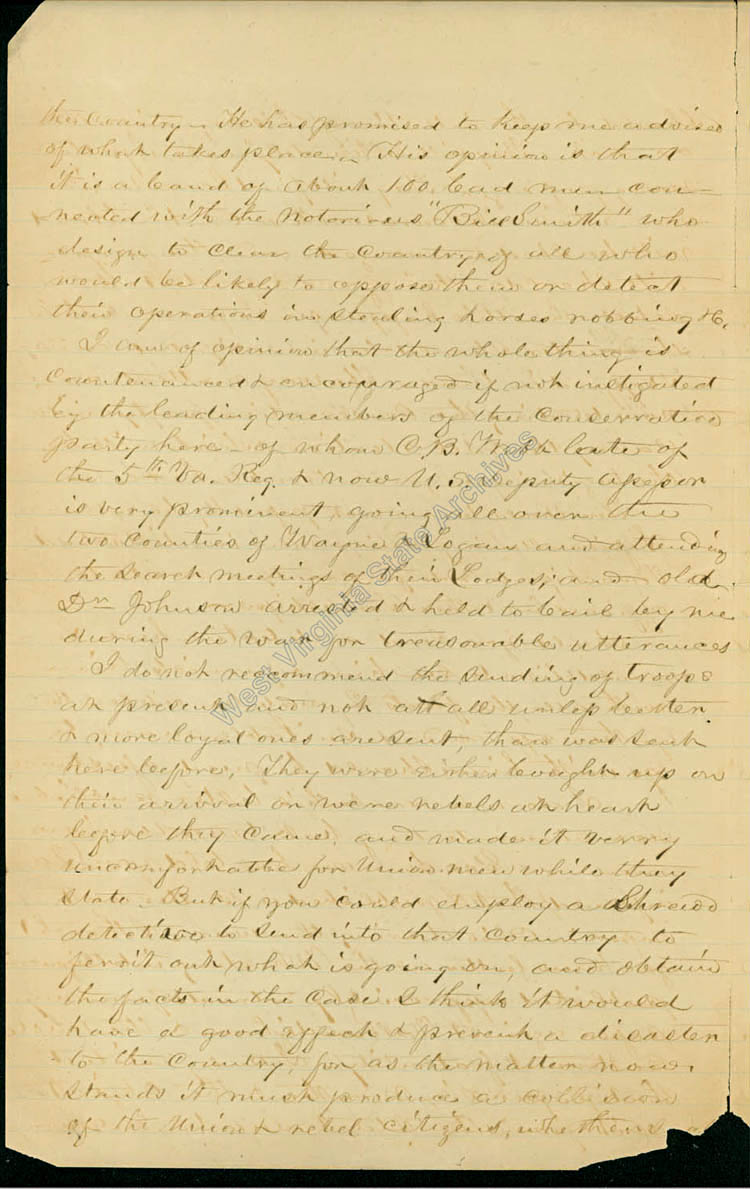 Joseph C. Wheelers letter to Governor Arthur I. Boreman regarding Union men being scared away from their homes by Rebels in Grant Township, Wayne County, 1868. (Ar1723)