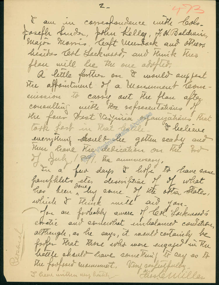 Letter from Thomas C. Miller to Governor Aretas B. Fleming concerning impending reunion of 7th West Virginia Infantry as well as the need for a monuments commission, 1891. (Ar1729))