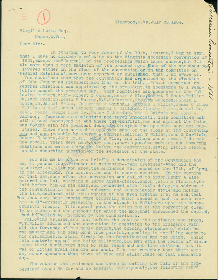 James C. McGrews description of the Virginia Secession Convention, including a list of delegates and their votes, 1904. (Ms2011-031)