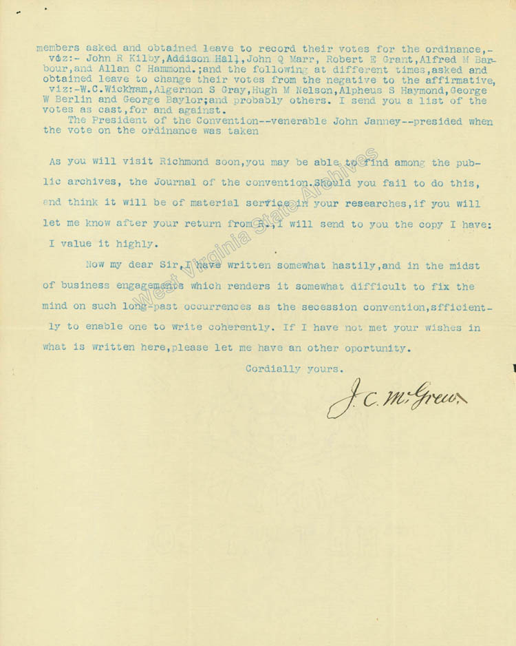 James C. McGrews description of the Virginia Secession Convention, including a list of delegates and their votes, 1904. (Ms2011-031)