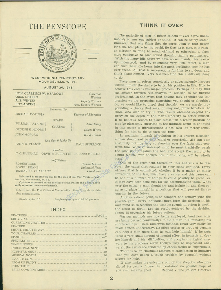 The Penscope bi-monthly newsletter published by and for the men of the West Virginia Penitentiary, 1928. (Pub 1.Pen 1.4)