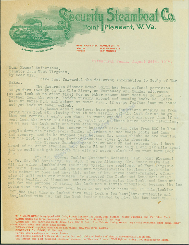 H. F. Burnside to Howard Sutherland regarding the excursion steamer 