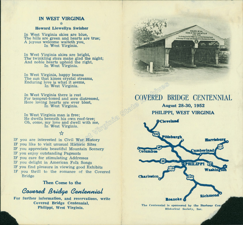 Pamphlet for the covered bridge centennial celebration in Philippi, 1952. (Sc82-28)