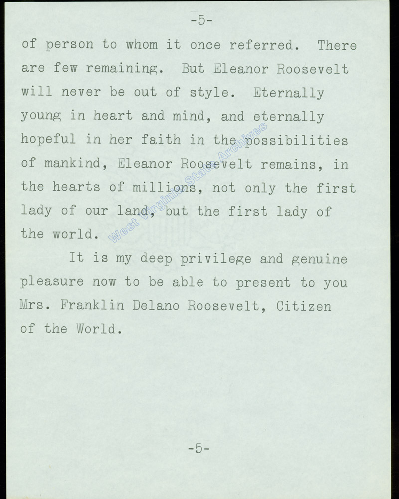 Remarks made by Senator Jennings Randolph introducing Eleanor Roosevelt at the dedication of the Arthurdale Community Presbyterian Church, 1960. (Ms2017-016)