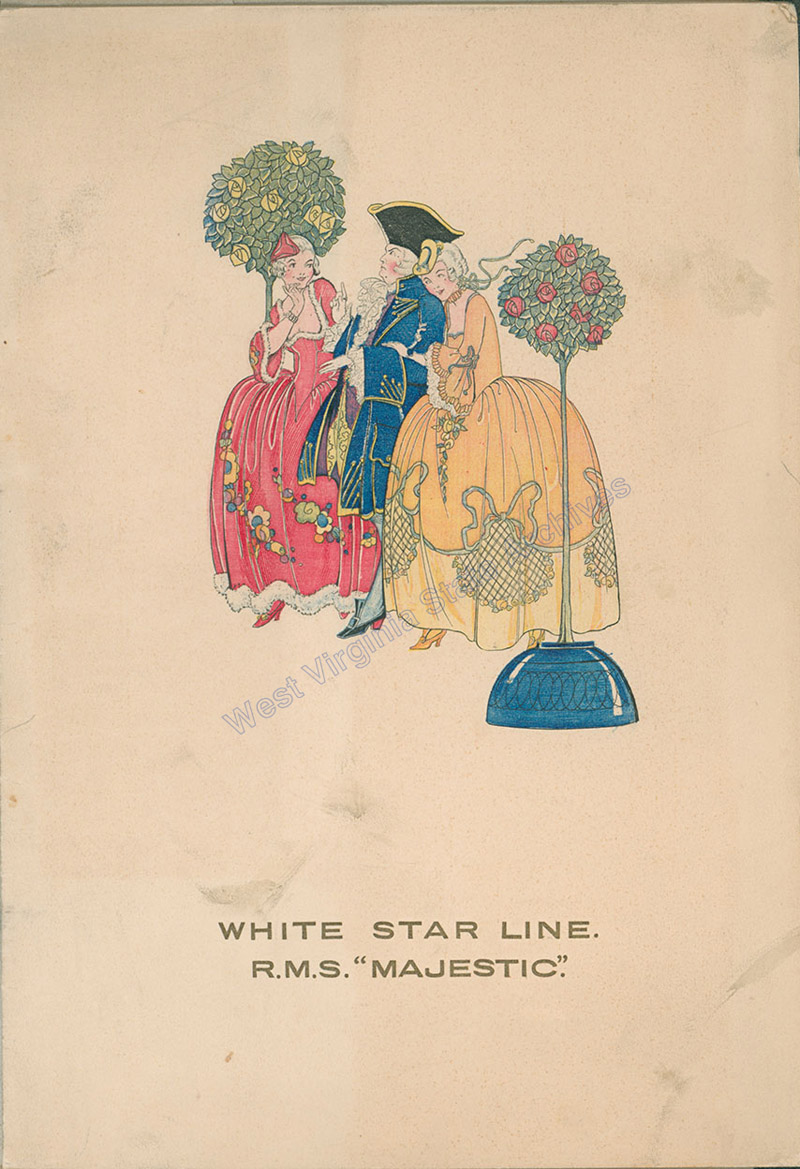 Menu from the RMS Majestic, 1928. Built in Germany as the Bismarck, she was transferred to Great Britain following World War I as a war reparation. When she went into service for White Star Line in 1922, the ship was billed as the Worlds Largest Ship. (Ms2008-100)