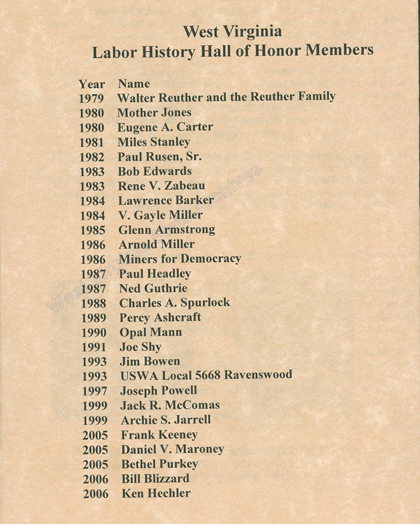 West Virginia Labor History Hall of Honor ceremony program, 2007. (Sc2008-070)