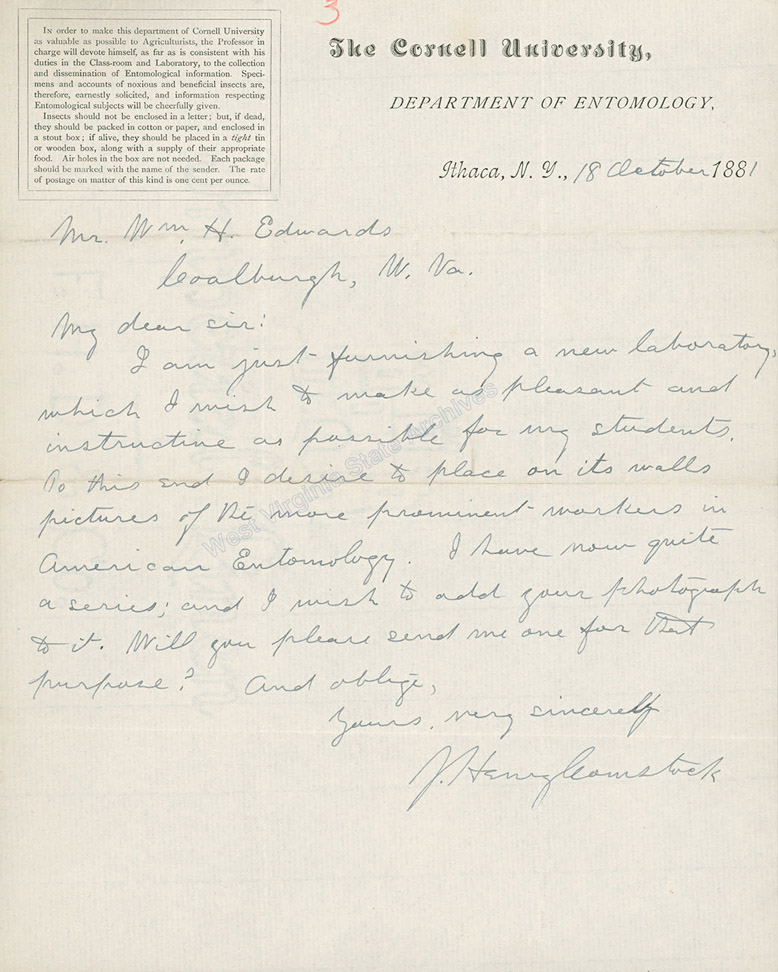 John Henry Comstock, professor of Natural History, to William Henry Edwards requesting Mr. Edwards's photo for new laboratory at Cornell University to place among prominent workers in American entomology, 1871. (Ms79-2)