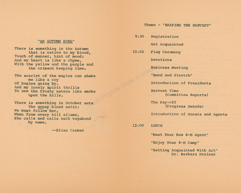 Achievement Day, Reaping the Harvest program from Monongalia County Home Demonstration Council, Camp Muffly, 1966. (Ms2018-001)