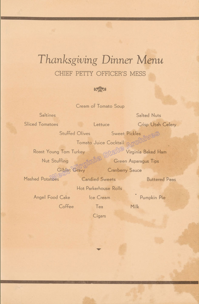 Chief Petty Officers Thanksgiving menu, USS West Virginia, 1939. (Sc2002-030)