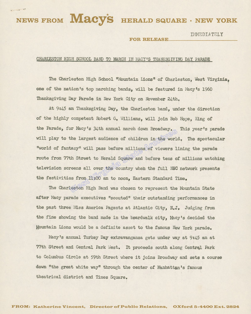 News release regarding Charleston High Band participation in the Macys 34th Annual Thanksgiving Day Parade, 1960. (Ms2009-138)