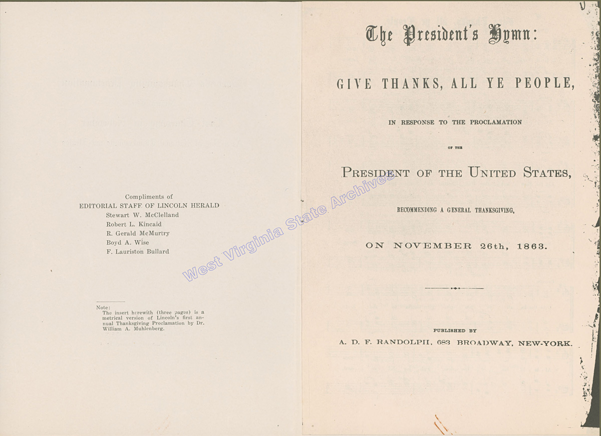 Reprint of Lincoln's 1863 Thanksgiving Proclamation, 1945. (Ms78-1)