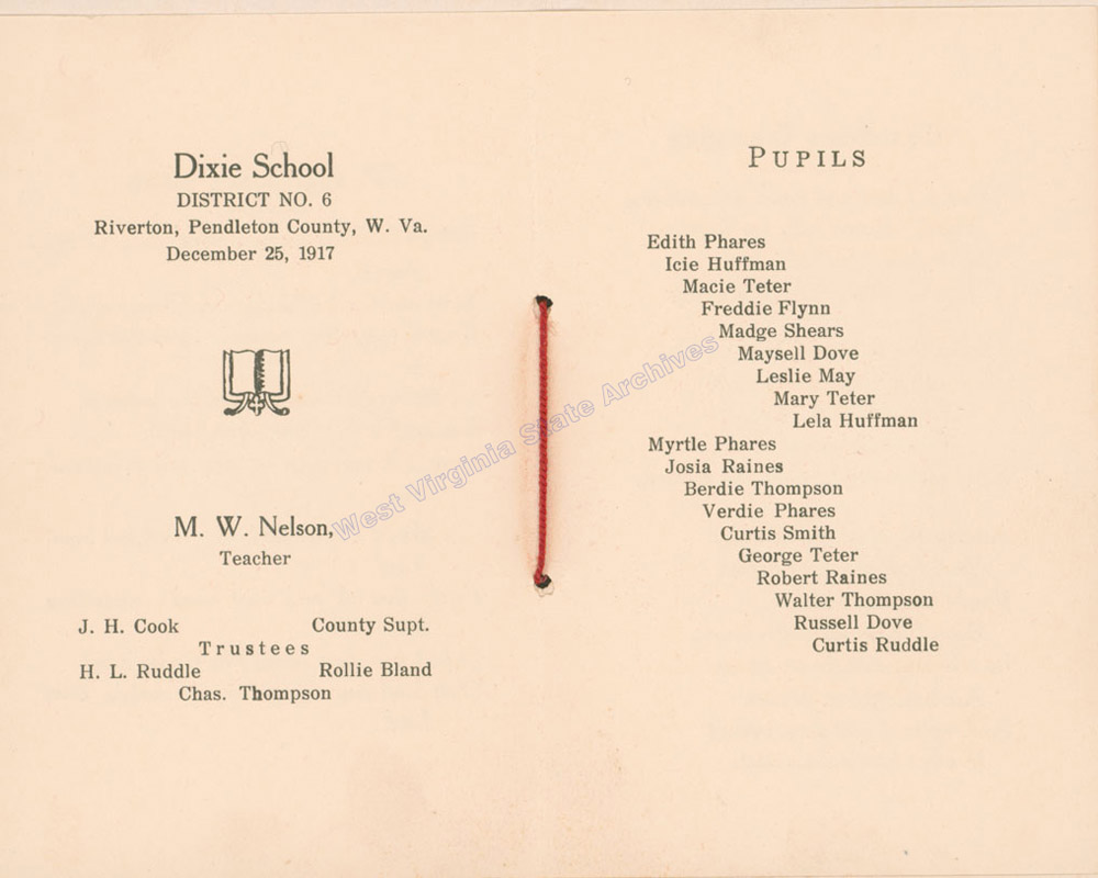 Souvenir pamphlet Holiday Greetings from Dixie School in Riverton, Pendleton County, 1917. (Ms2019-001)