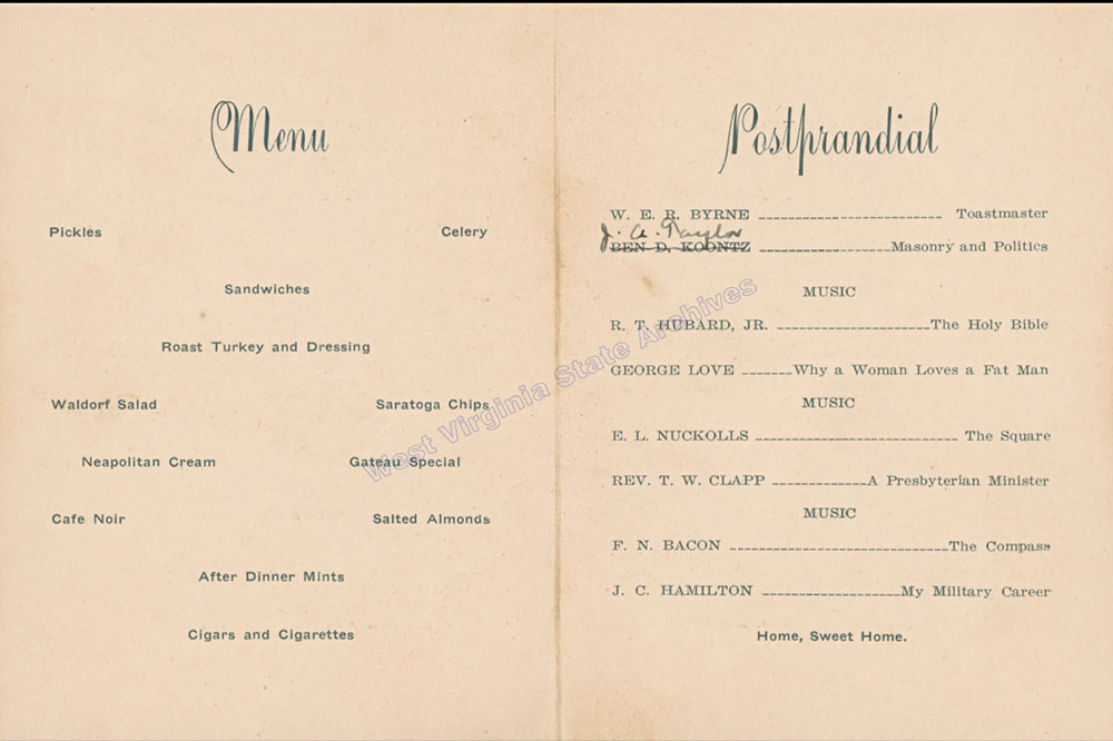 Program, Annual Banquet, Lafayette Lodge N.O. 57, AF&AM (Ancient Free and Accepted Masons), Fayetteville, WV, 1919. (Ms2018-005)